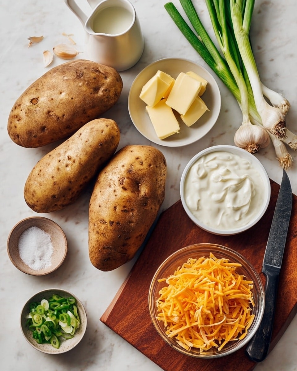 Four large russet potatoes with brown speckled skin are placed on a white marbled surface. Nearby, there is a small bowl with three slices of yellow butter, a small pitcher of cream, and a whole bulb of garlic with two cloves separated. A shallow white bowl filled with shredded orange cheddar cheese sits beside a clear glass bowl of white sour cream. A small white dish with salt is placed on a wooden cutting board, along with a sharp knife and several green onions, some whole and some chopped. The overall arrangement is neat and ready for cooking. photo taken with an iphone --ar 4:5 --v 7
