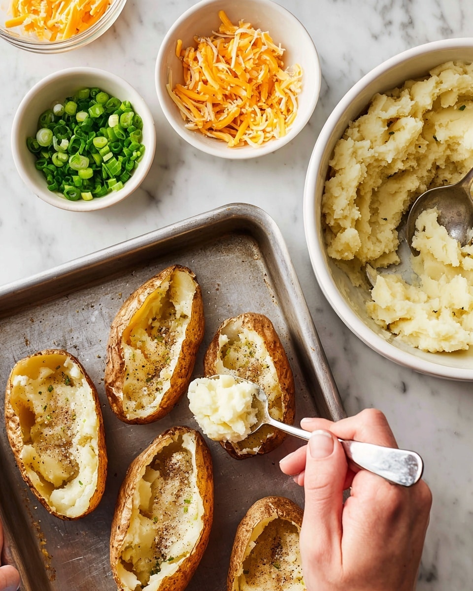 A close-up view shows five potato skins on a metal tray, each one hollowed out and seasoned with salt and pepper. A woman's hand holds one potato skin in the lower center, while another woman's hand uses a spoon to fill it with pale, creamy mashed potato from a large white bowl full of the same filling on the right side. Above the tray, there is a small white bowl filled with bright green chopped scallions and another white bowl filled with thin orange cheddar cheese strips. All items rest on a white marbled surface. Photo taken with an iphone --ar 4:5 --v 7