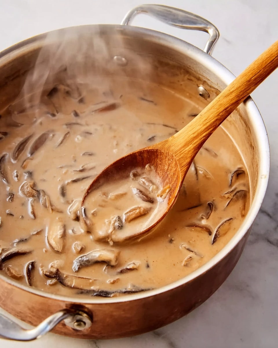 A close-up view of a metal pan filled with creamy, light brown mushroom sauce mixed with visible dark brown mushroom slices. A wooden spoon with a smooth texture is partially inside the pan, lifting some of the sauce. Steam rises from the hot sauce, showing it is freshly cooked. The pan is placed on a white marbled surface with two metal handles on the side. Photo taken with an iphone --ar 4:5 --v 7