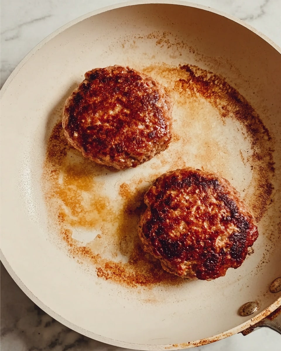 Two thick, round patties with a golden brown crust sit in a white frying pan, showing a slightly textured surface with browned edges. The pan has some cooked residue and light browning spots around the patties. The scene is set on a white marbled surface. photo taken with an iphone --ar 4:5 --v 7