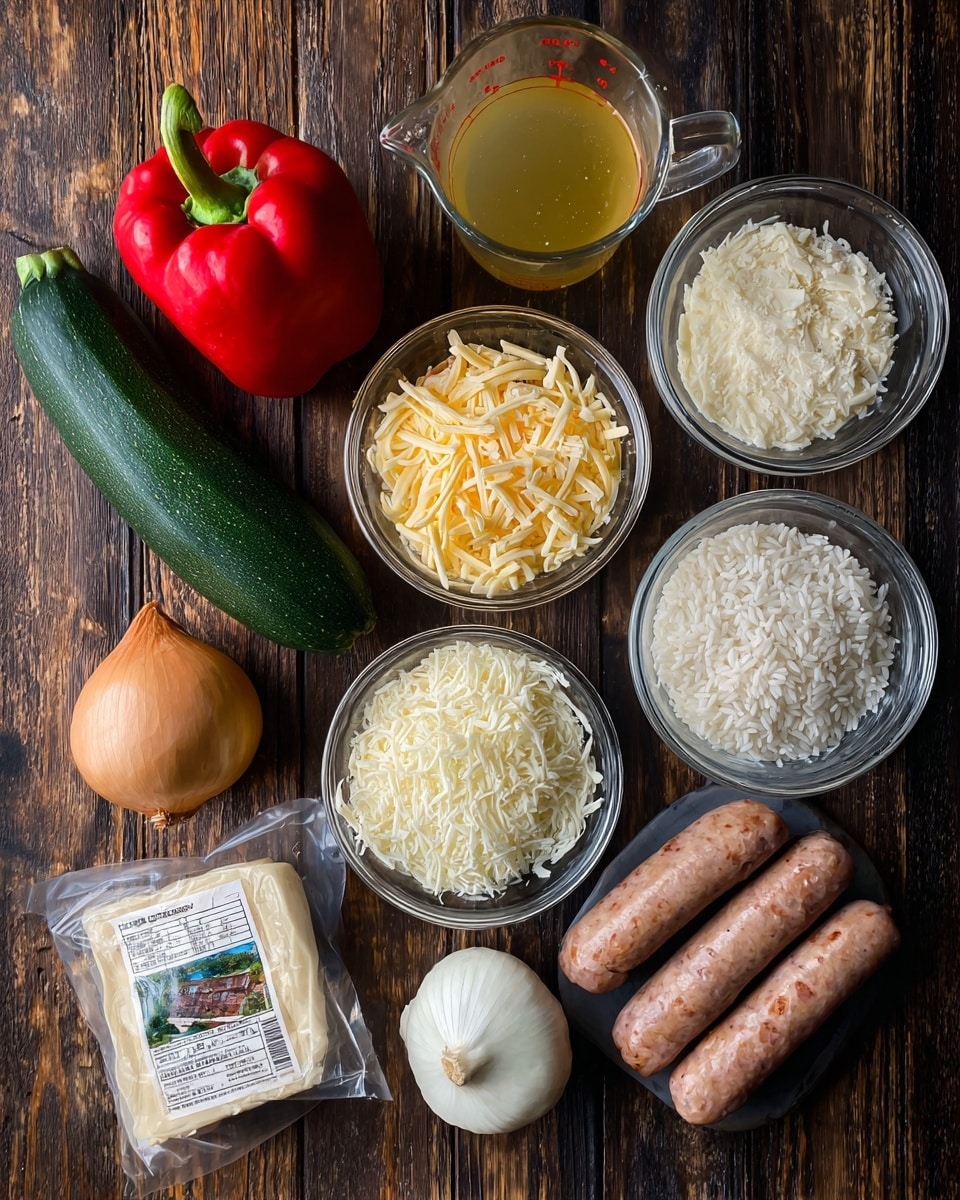 The image shows an arrangement of cooking ingredients on a dark wooden surface, changed to a white marbled texture. Starting from the top, there is a clear glass measuring cup with yellowish chicken broth, next to a small clear bowl filled with pale yellow shredded cheddar cheese. Below it, another small clear bowl holds white shredded mozzarella cheese, beside a larger clear bowl filled with white raw rice. To the left side, a whole dark green zucchini lies vertically near a bright red bell pepper, a round white garlic bulb, and a whole light brown onion. Near the bottom left, a block of pale cream butter rests beside a sealed pack of smoked sausages with a label showing images of cooked sausage. Each element is spaced to showcase the raw ingredients clearly. The photo taken with an iphone --ar 4:5 --v 7