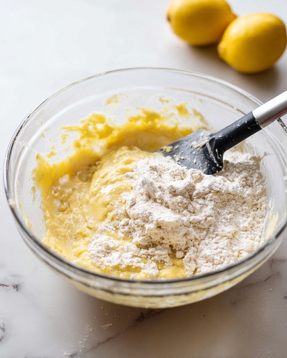 A clear glass bowl sits on a white marbled surface, filled halfway with a mix of light yellow smooth batter and white flour in clumps resting on the top. A black and silver spatula is partially submerged in the mixture, with batter stuck to it. Two whole bright yellow lemons are placed blurred in the background on the same surface. The light is soft and natural, shining from above. photo taken with an iphone --ar 4:5 --v 7