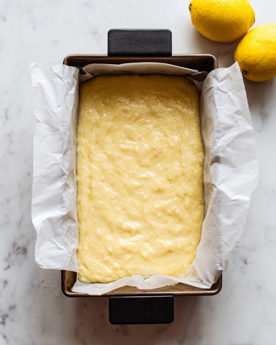 The image shows a rectangular baking pan lined with white parchment paper held by two black clips on the sides. Inside the pan is a single thick layer of pale yellow batter with a smooth, slightly lumpy texture. The pan sits on a white marbled surface, and there are two whole yellow lemons positioned in the top right corner of the image. Photo taken with an iphone --ar 4:5 --v 7