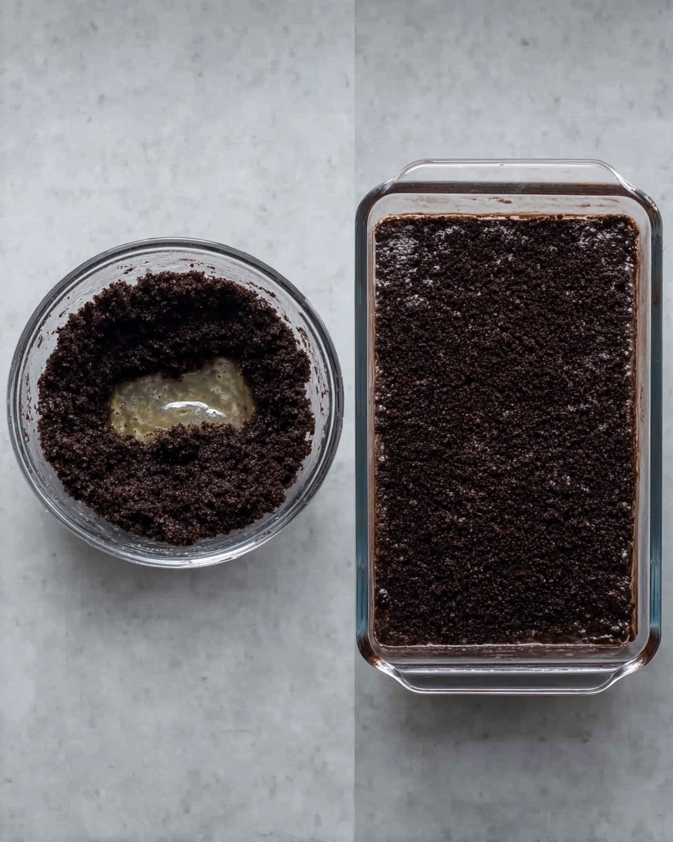 Two images side by side show the process of making a dessert base. On the left, a clear glass bowl holds a dark brown crumbly mixture with a shiny wet spot in the middle, showing a rough texture. On the right, a clear rectangular glass dish is filled evenly with the same dark, crumbly mixture pressed down flat and smooth on top. The background is a white marbled texture. photo taken with an iphone --ar 4:5 --v 7