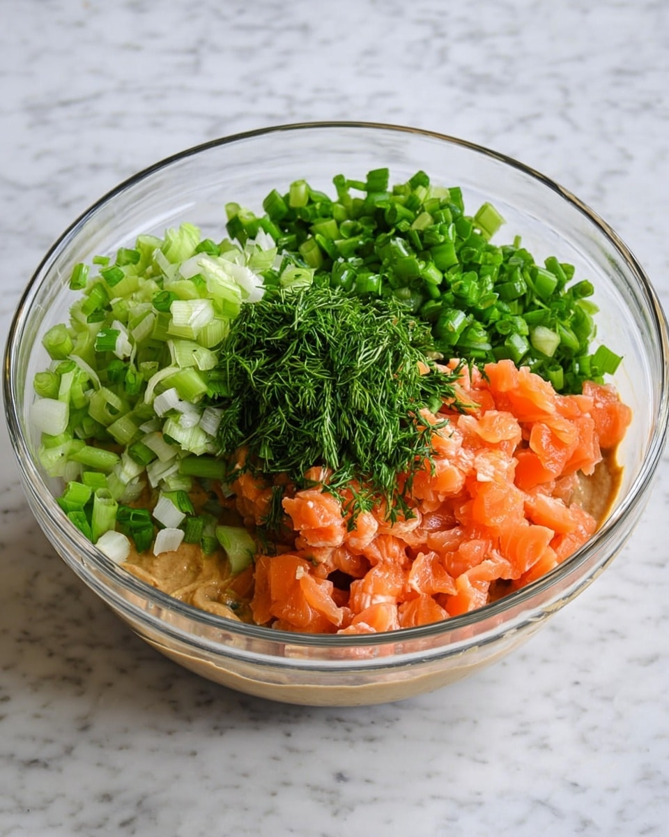 A clear glass bowl sits on a white marbled surface, containing four visible layers of ingredients. The bottom layer is a smooth light brown sauce spread evenly across the bowl's base. On top of this, there are four distinct piles: finely chopped pale green celery pieces on the left, bright green sliced spring onions on the right, small vivid orange chunks of raw salmon in the front middle, and a small mound of fresh dark green chopped dill placed directly on the salmon. The ingredients are fresh and vibrant, clearly separated, ready to be mixed. Photo taken with an iphone --ar 4:5 --v 7