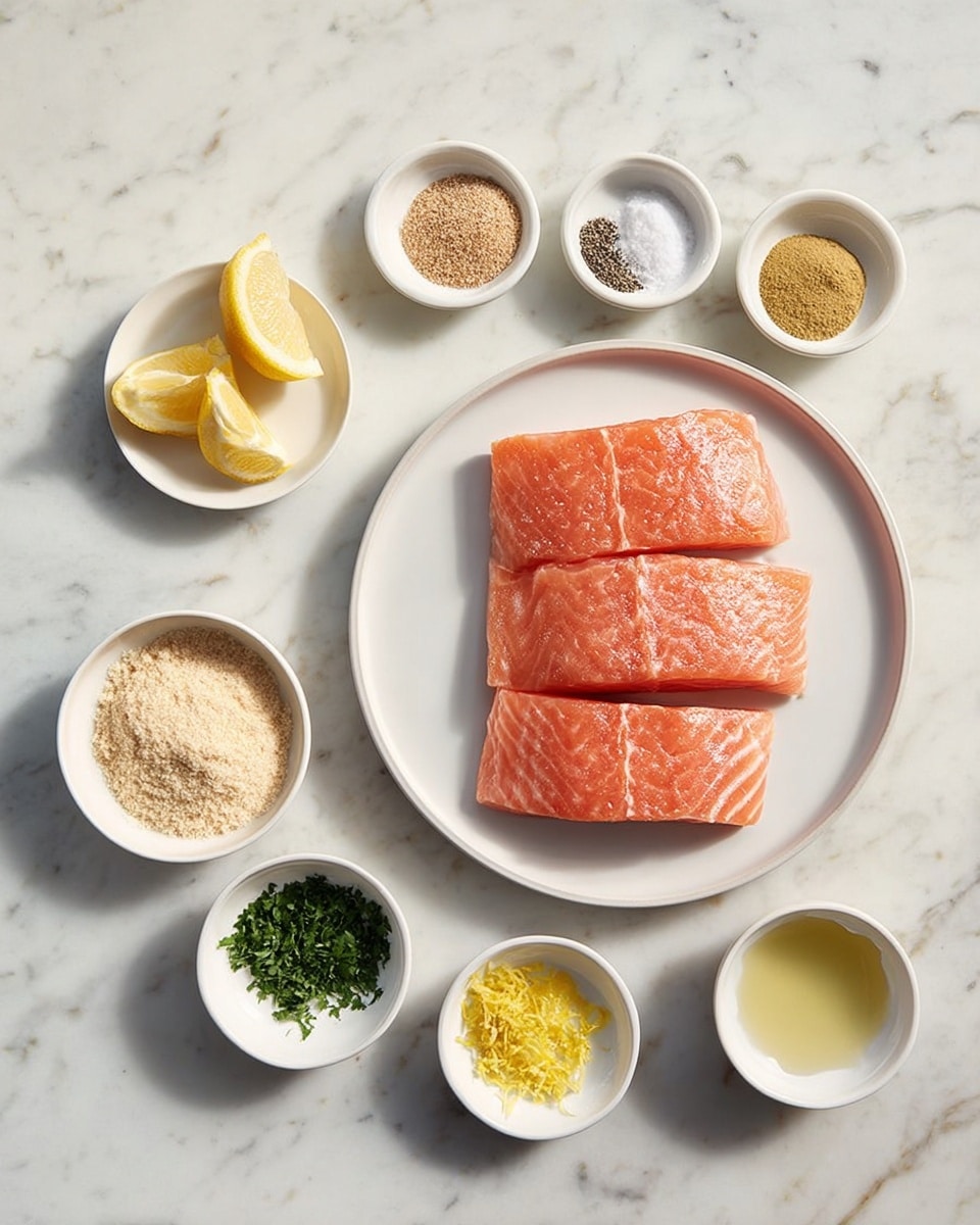 The image shows four raw salmon pieces stacked neatly on a white plate in the center right. Around the plate are small white bowls containing different ingredients: lemon wedges in the top left, black pepper in a small bowl next to it, salt, a light brown powder, and mustard from left to right along the top. On the bottom left are creamy mayonnaise, golden olive oil, light breadcrumbs, chopped green herbs, yellow lemon zest, and a small amount of a clear liquid arranged in a neat line. Everything is placed on a white marbled surface, and the lighting is soft and natural. Photo taken with an iphone --ar 4:5 --v 7