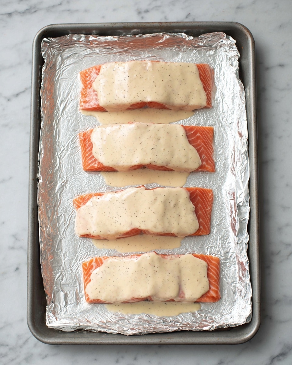 Four rectangular salmon fillets with a pinkish-orange color are placed side by side in a single row on a baking tray lined with aluminum foil. Each fillet is covered with a thick, creamy light beige sauce that has small black specks, evenly spread over the top. The baking tray rests on a white marbled surface that has subtle grey veins. The image is lit with soft, natural light, showing the smooth texture of the sauce and the fresh look of the salmon photo taken with an iphone --ar 4:5 --v 7