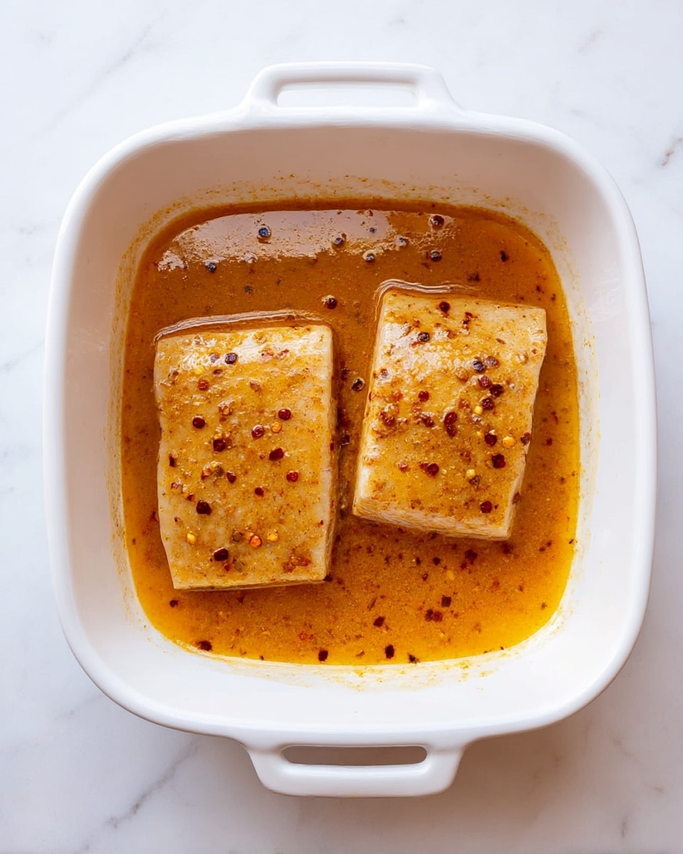 Two pieces of light brown fish fillets are lying flat in a white square baking dish with handles on each side. The fillets are covered with an orange-brown sauce that has visible dark red chili flakes and small black pepper bits. The sauce pools around the fillets and slightly sticks to the sides of the dish. The dish is set on a white marbled surface. photo taken with an iphone --ar 4:5 --v 7