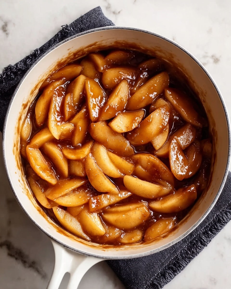 A white pot filled with sliced apples cooked in a thick, shiny brown sauce that coats each apple piece evenly. The apple slices are soft and tender, arranged in layers overlapping inside the pot, showing a mix of golden and caramel colors with a smooth texture. The pot sits on a dark cloth on a white marbled surface. photo taken with an iphone --ar 4:5 --v 7