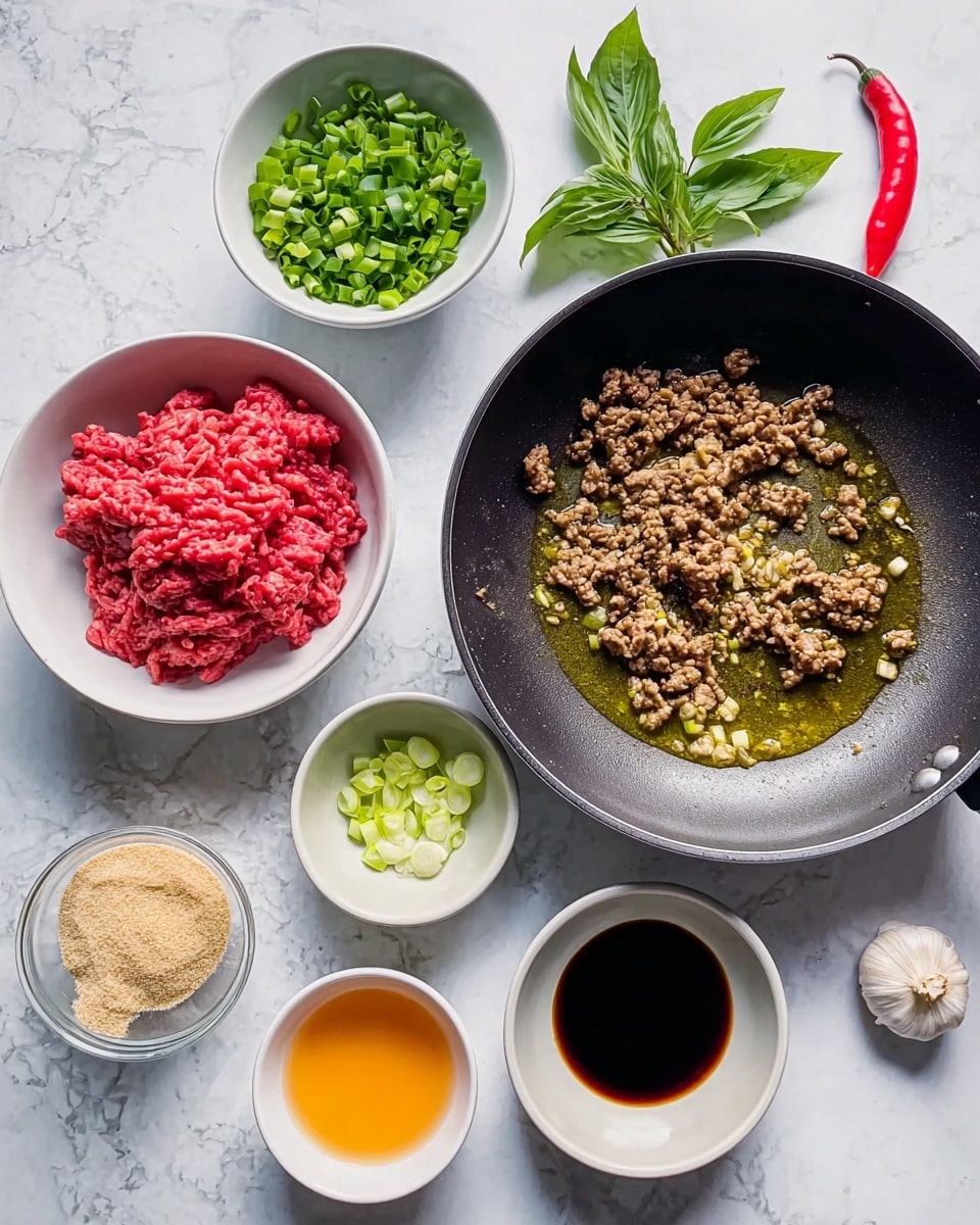 The image shows a cooking scene on a white marbled surface with several white bowls and a black frying pan. The frying pan on the right has three layers: the bottom layer is a golden oil, the middle layer has small browned minced meat pieces, and the top layer shows small cooked garlic slices mixed in. To the left of the pan, a white bowl holds bright red raw ground meat, another bowl contains finely chopped green onions, and a third bowl has fresh green basil leaves. Below these bowls, there is one bowl with a mound of light brown sugar, a bowl with orange-colored liquid, and another bowl with dark soy sauce. A small white bowl with thin green onion slices sits near a whole garlic bulb and a single bright red chili pepper. The arrangement creates a clear and organized view of ingredients for cooking. photo taken with an iphone --ar 4:5 --v 7