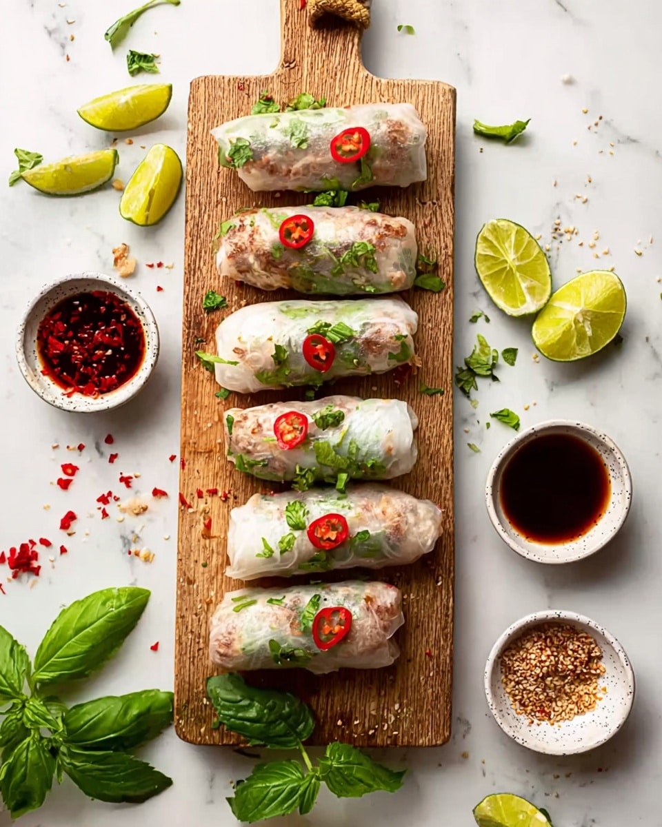 The image shows three fresh spring rolls placed side by side on a light wooden board. Each roll has a translucent green outer layer revealing inside a fill of finely chopped cooked meat with a reddish-brown color, topped with thin green vegetable strips, possibly cucumber and spring onions. Each spring roll is closed at one end, with the exposed filling slightly spilling out on the opposite end. There is a small white bowl with orange sauce visible in the bottom left corner. The background surface is a white marbled texture. Photo taken with an iphone --ar 4:5 --v 7