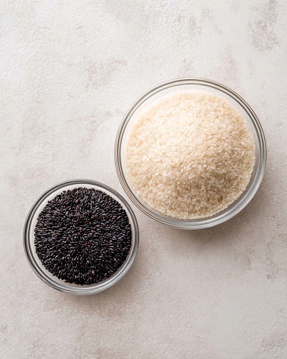 Two clear glass bowls sit side by side on a white marbled surface. The larger bowl on the right is filled with small white rice grains that have a smooth, slightly glossy texture. The smaller bowl on the left holds dark black rice grains, which have a shiny and firm appearance. The bowls create a simple contrast with the white and black grains, placed evenly spaced from each other. photo taken with an iphone --ar 4:5 --v 7