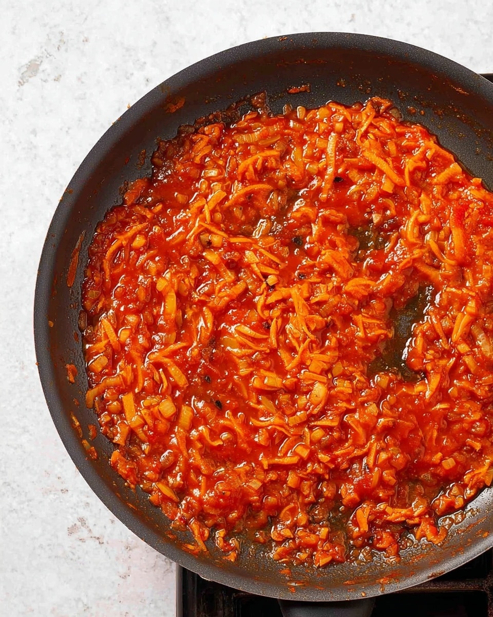 The image shows a dark frying pan filled with cooked vegetables in a thick tomato sauce. The mixture has two main layers: the base is made of soft, small white onion pieces scattered throughout, and on top of that are thin, shredded orange carrot strips evenly mixed into the red tomato sauce. The sauce looks shiny and slightly thick, covering the vegetables. The pan is sitting on a black stovetop, with a white marbled surface around it. The edges of the pan have some sauce spots and small bits of cooked onion clinging to them. Photo taken with an iphone --ar 4:5 --v 7