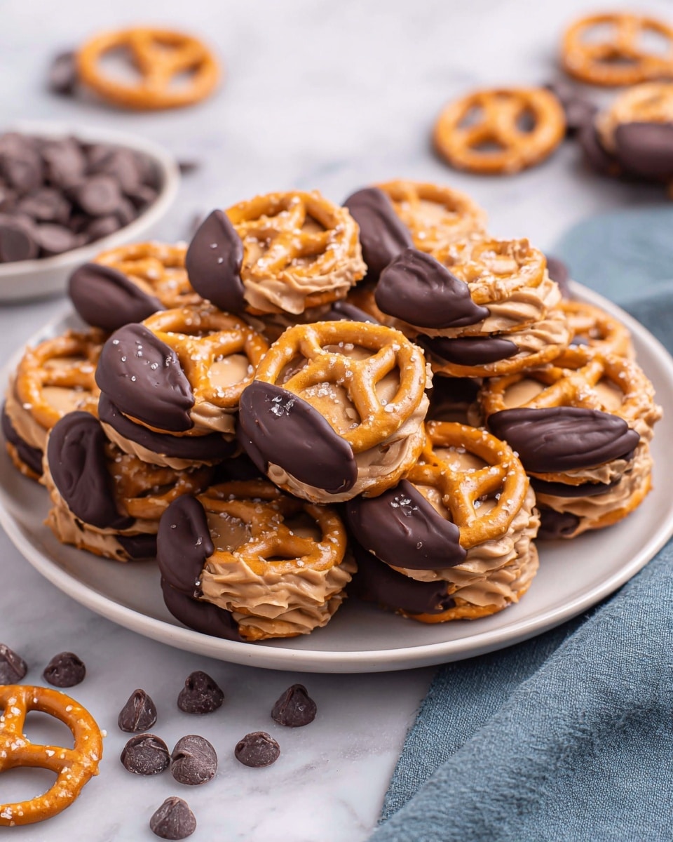 A white plate full of small round pretzel sandwiches stacked in layers, each sandwich showing a light brown crunchy pretzel top half dipped in smooth dark chocolate on one side, with a creamy, slightly textured peanut butter layer visible in the middle. The pretzels have a golden brown color with visible salt grains, and the dark chocolate contrasts sharply with the pretzels. Around the plate, a few loose pretzels and dark chocolate chips are scattered on a white marbled surface with a soft, blue cloth on the right side. Photo taken with an iphone --ar 4:5 --v 7
