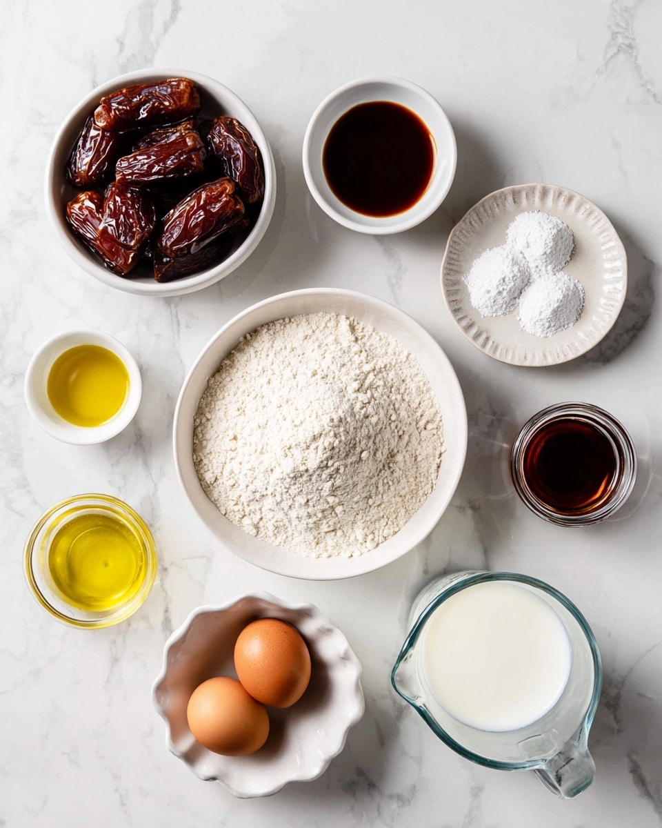 The image shows seven bowls and containers arranged on a white marbled surface, each holding different baking ingredients. In the top left, a white bowl is filled with dark brown dates with shiny textures. To the right, there is a small white bowl with a dark brown liquid. Below, a larger bowl holds a mound of white flour with a slightly rough texture. Next to it, a small white textured plate contains three white powders in small piles. A glass jar on the right side holds a dark syrupy liquid. Near the bottom left, a small clear bowl contains golden yellow oil with a smooth surface. To the bottom center, a white fluted dish holds two brown eggs with smooth shells. Lastly, at the bottom right, a glass measuring cup contains white milk. The setting is neat and well lit, and the photo is taken with an iphone --ar 4:5 --v 7