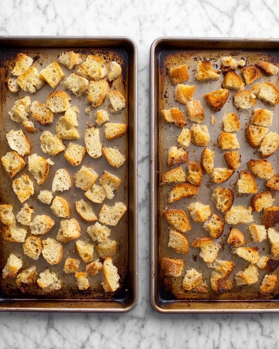 The image shows two metal baking trays side by side on a white marbled surface. Each tray has many small pieces of toasted bread, spread unevenly across the entire tray. The left tray has bread pieces that are light golden with some pale edges, showing they are just toasted. The right tray has bread pieces that are darker golden brown and crispier, with some areas a bit deeper brown. Both trays have a worn, slightly stained look, and the bread pieces have rough, irregular shapes and textures. Photo taken with an iphone --ar 4:5 --v 7