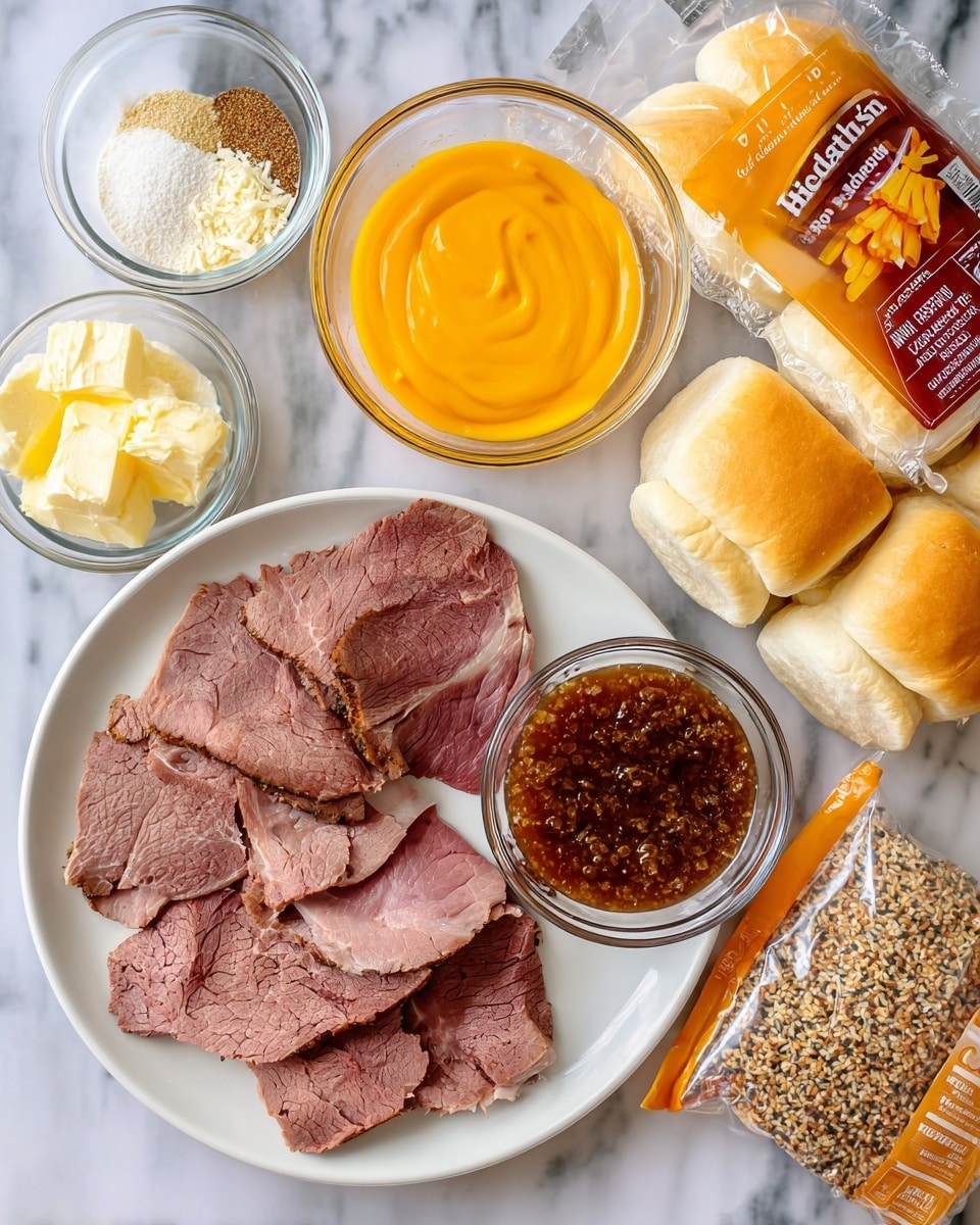 The image shows several ingredients arranged on a dark wooden surface with labels. There is a white plate on the top right side filled with slices of roast beef, which is a dark brown color with some lighter fat parts. In the top left corner, there is a small clear bowl filled with bright yellow cheddar cheese sauce. Below it, there is another clear bowl with dark brown Arby's or BBQ sauce. To the left, three smaller clear bowls hold white onion powder and garlic powder, a light yellow block of butter, and a mix of everything bagel seasoning with colors like black, white, and tan. On the bottom right, there is a pack of Hawaiian rolls in orange packaging. The background surface is a white marbled texture. photo taken with an iphone --ar 4:5 --v 7