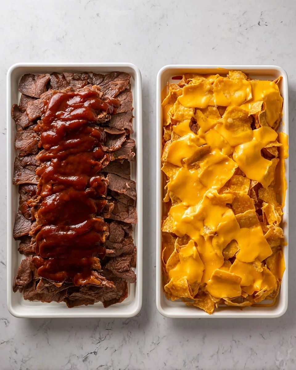 The image shows two white trays on a white marbled surface, each with layers of a meat dish. On the left tray, there is a bottom layer of thinly sliced dark brown meat spread evenly, topped with a thick, glossy layer of dark reddish-brown sauce placed in the center. On the right tray, the same bottom layer of sliced dark brown meat is covered by a thick, uneven layer of melted bright orange cheese slices, covering almost all the meat pieces. Photo taken with an iphone --ar 4:5 --v 7