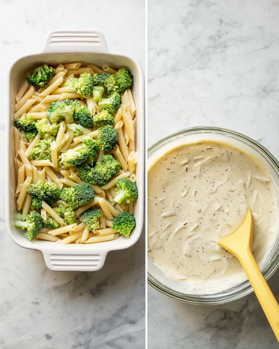 The image shows two parts side by side on a white marbled surface. On the left, there is a white rectangular baking dish filled with two layers: the bottom layer is light yellow short pasta (penne), and scattered on top are small bright green broccoli florets. On the right, there is a clear glass bowl with a creamy white sauce mixed with black specks, and a yellow spoon resting inside the bowl. The texture of the sauce looks smooth and thick. photo taken with an iphone --ar 4:5 --v 7