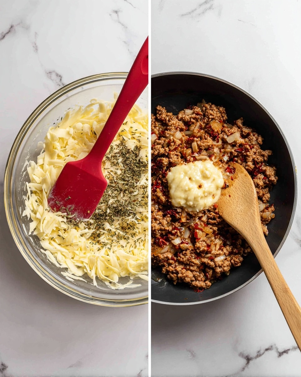 The left side shows a clear glass bowl on a white marbled surface, filled with a mixture of light yellow grated cheese, white creamy sauce, and dried green herbs sprinkled on top, with a red silicone spatula resting inside the bowl. The right side shows a black pan with cooked, crumbly brown ground meat mixed with small bits of cooked onions and red chili flakes, and a soft pale yellow paste in the center, with a light wooden spoon resting on the pan, all placed on the same white marbled surface. Photo taken with an iphone --ar 4:5 --v 7