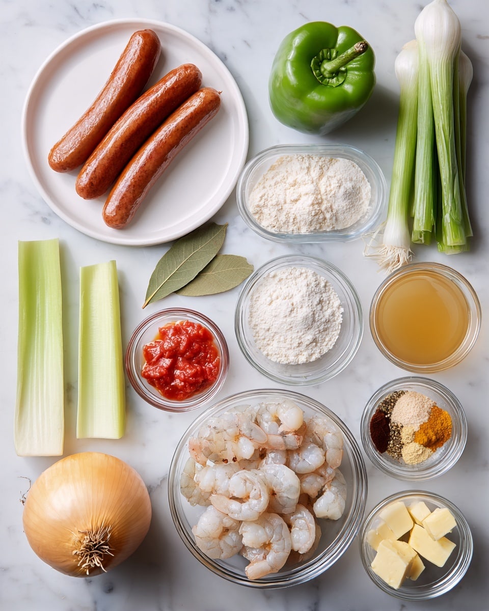 The image shows an overhead view of ingredients arranged neatly on a white marbled surface. In the center, there is a clear glass bowl filled with raw shrimp that are pale pink with light gray accents. Below it, two long light green celery stalks with smooth textures lay next to a yellow onion with a dry outer skin and an earthy tone. To the left, a white plate holds four brown sausages with a glossy surface. Above the shrimp, a bright green bell pepper with a smooth and shiny skin sits close to three fresh green onions with white bulbs and long green tops. Various small clear glass bowls surround these main ingredients: one with white flour, one with white granulated salt, one with crushed black pepper, one with red tomato chunks and juices, one with golden broth, one with four pale yellow cube pieces of butter, one with two ivory garlic cloves, and one with a rusty orange-brown spice mix. A single green bay leaf is placed near the middle. The colors contrast nicely against the clean white marbled background, creating a fresh and orderly presentation photo taken with an iphone --ar 4:5 --v 7