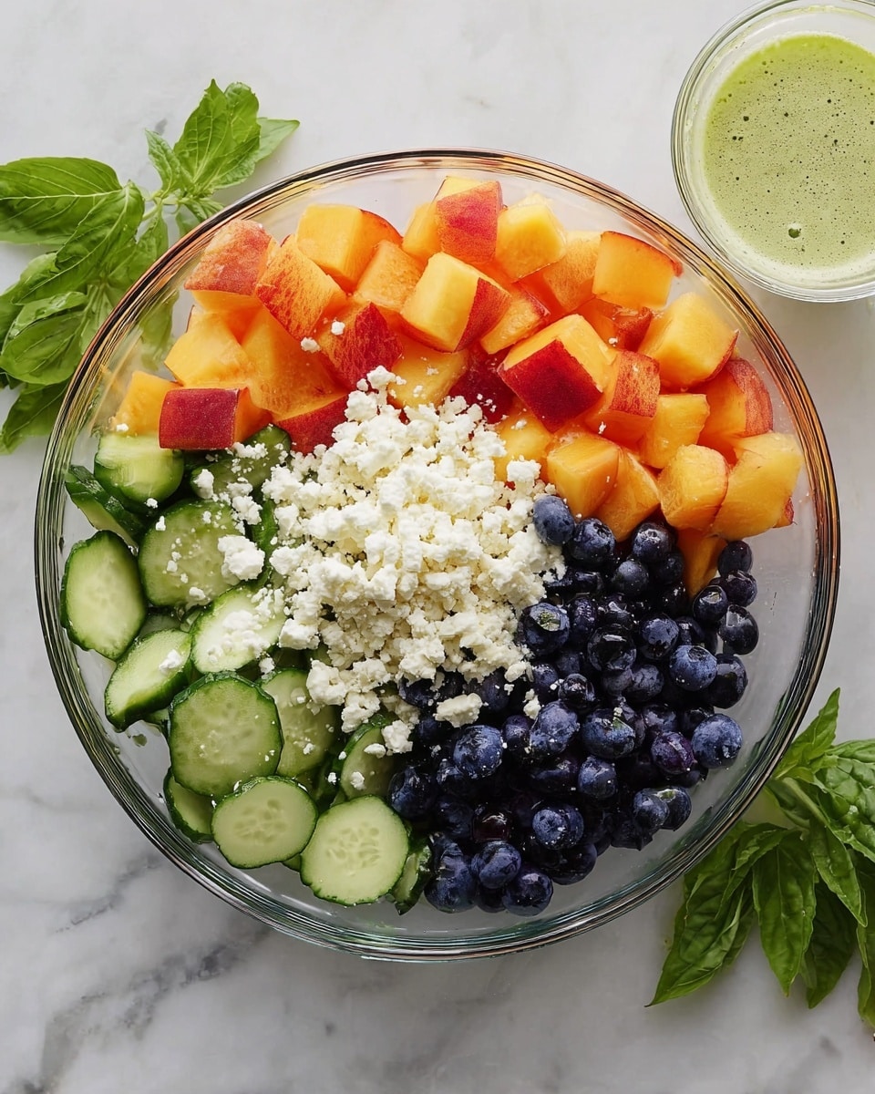 A clear glass bowl holds a fresh salad with four main layers arranged side by side: at the top left, bright orange and red peach pieces with smooth skin; bottom left shows green cucumber slices with light green flesh and darker edges; top right is filled with dark blue, plump blueberries; in the center, a mound of crumbly white cheese sits atop the other ingredients. The bowl rests on a white marbled surface with fresh green leaves scattered around, and a small clear glass cup with light green dressing sits near the top right corner. Photo taken with an iphone --ar 4:5 --v 7