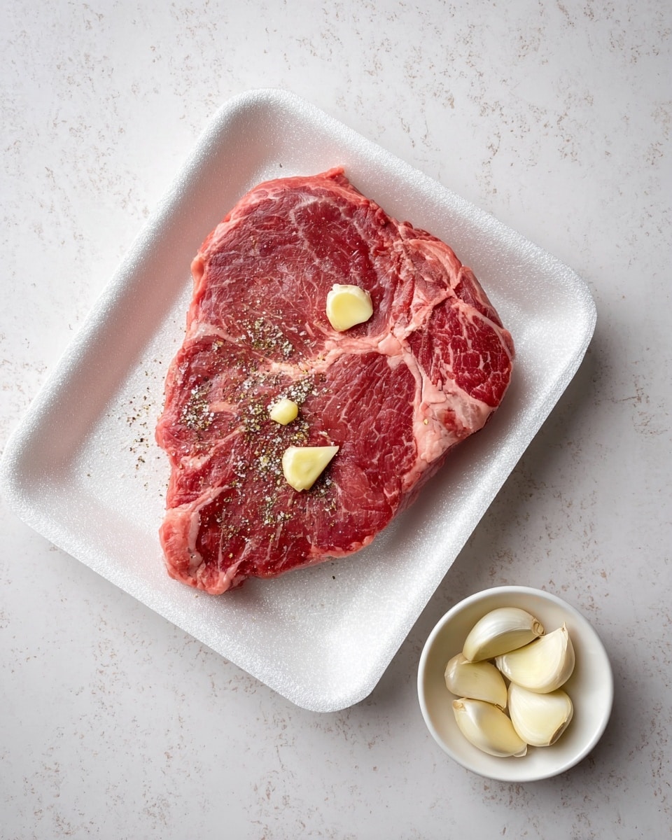 The image shows a thick, raw red steak with light marbling of fat laid on a white foam tray. On top of the steak, there are some small pieces of pale yellow garlic and a sprinkling of coarse black pepper and salt. Next to the tray, there is a small white dish holding several peeled garlic cloves. The surface under the tray and dish is white with a marbled texture. Photo taken with an iphone --ar 4:5 --v 7