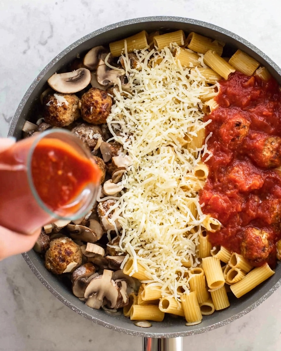 A gray pan filled with three main layers: the bottom layer has whole mushrooms and browned meatballs, the middle layer shows uncooked rigatoni pasta and bright red chunky tomato sauce being poured in by a woman's hand holding a glass container, and the top layer is shredded white cheese evenly spread over the pasta and sauce, ready to melt. The pan rests on a white marbled surface. photo taken with an iphone --ar 4:5 --v 7