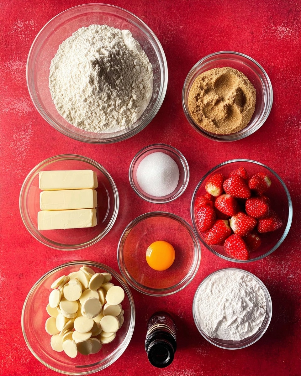 The image shows nine clear glass bowls arranged on a bright red textured surface. The largest bowl at the top center is filled with white flour. To its right is a bowl with light brown sugar, and below that, a bowl holding chopped red strawberries. Below the flour and sugar bowls to the left is a bowl of white granulated sugar, and in the middle bottom is a bowl with a single raw egg yolk. To the left of the egg yolk bowl is a bowl with two sticks of pale yellow butter. Just above the egg yolk bowl is a bowl full of round, flat white chocolate pieces. At the bottom right is a smaller bowl containing baking powder and baking soda. In front of the bowls, there is a small dark bottle with a black cap. The bright red background contrasts with the clear glass and the colorful ingredients photo taken with an iphone --ar 4:5 --v 7