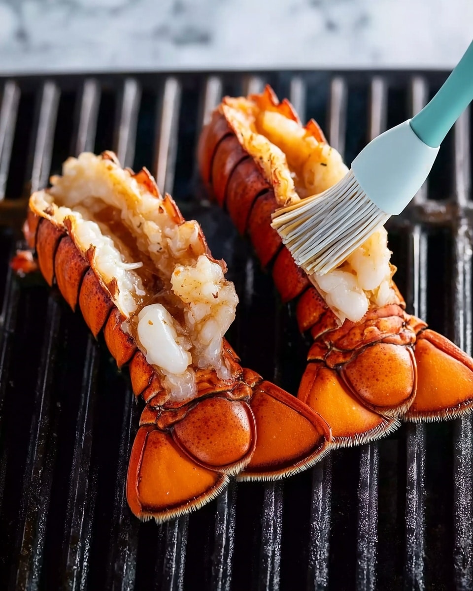 Two lobster tails are placed side by side on a black grill with thick bars. The lobster shells are bright orange and red at the edges, with white and light brown flesh inside. A woman's hand is holding a white brush with a light blue handle, applying sauce or butter onto the right lobster tail. The background is a white marbled texture. Photo taken with an iphone --ar 4:5 --v 7