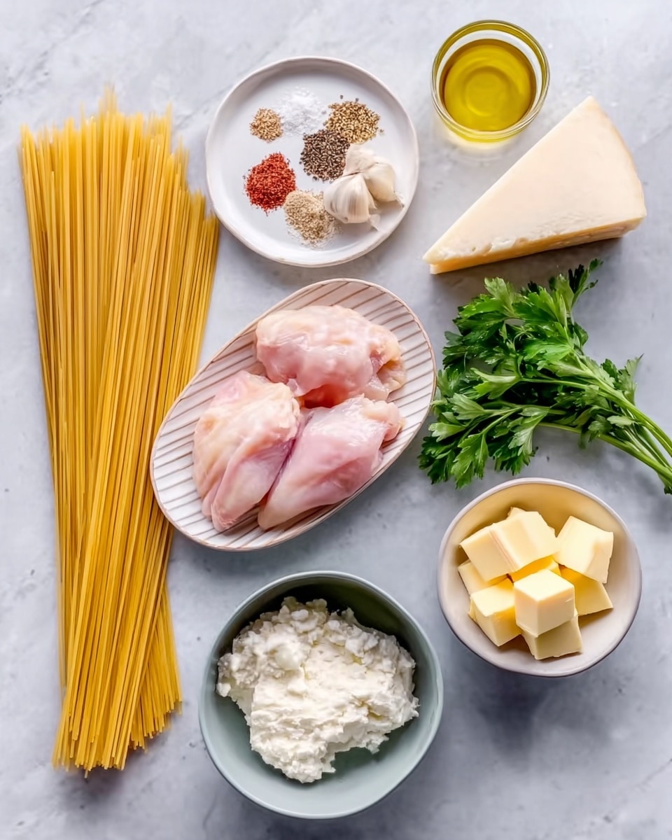 The image shows several raw ingredients neatly arranged on a white marbled surface. On the left, there is a bundle of uncooked spaghetti with a pale yellow color. Next to it, towards the center, is a white ribbed oval plate holding two pieces of pink raw chicken. Above, on a small white plate, there are various spices grouped in small piles—light brown, dark brown, and red along with some garlic cloves. To the right of the chicken plate, a large white triangular chunk of hard cheese sits upright, showing its pale yellow interior. Below the cheese, a gray bowl holds a creamy white soft cheese. In front of it, a small white bowl contains several yellow cubes of butter. Fresh green parsley with a leafy texture lies between the bowls and spaghetti. A clear glass cup with pale golden olive oil sits beside the butter bowl. The arrangement is clean and simple, with all items placed on the white marbled surface, photo taken with an iphone --ar 4:5 --v 7