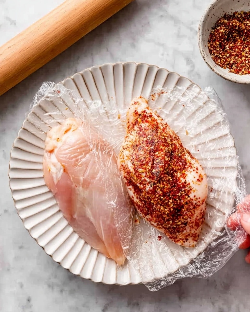 The image shows two raw chicken pieces on a white scallop-shaped plate with plastic wrap over it. One chicken piece is plain and pale pink, while the other is covered with a layer of red and brown spice mix, giving it a textured, seasoned look. The plate is placed on a white marbled surface with a wooden rolling pin nearby and a small white bowl filled with more spices in the corner. A woman's hand is partially visible holding the plastic wrap on the plate. Photo taken with an iphone --ar 4:5 --v 7