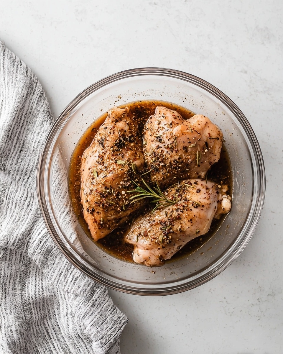 The image shows a clear glass bowl with three raw chicken pieces soaked in a dark brown marinade. The marinade contains visible spices and herbs like black pepper and dried rosemary, spread over the chicken. The bowl sits on a white marbled surface with a gray and white striped cloth placed to the left side. The overall look is clean and simple with a top-down view of the bowl. photo taken with an iphone --ar 4:5 --v 7