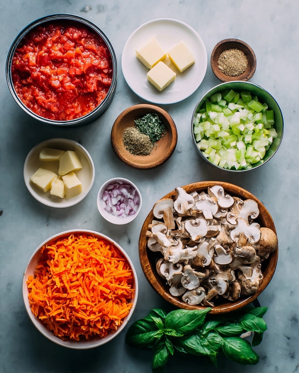 A top-down view shows various ingredients placed neatly on a white marbled surface. On the left, a tall open tin filled with bright red crushed tomatoes sits next to a small white plate with two blocks of pale yellow butter. In the middle row, from left to right, there is a small round wooden dish filled with different ground spices and herbs, a small white plate with minced garlic, a round white bowl filled with pale green chopped celery, and another white bowl full of finely chopped light purple onions. Below these bowls is a larger white bowl holding a pile of vibrant shredded orange carrots. To the right, a large wooden bowl contains a mix of fresh mushrooms in light browns, creams, and whites with a variety of textures and shapes. At the bottom right corner, a small bunch of fresh green basil leaves curls slightly. The photo was taken with an iphone --ar 4:5 --v 7
