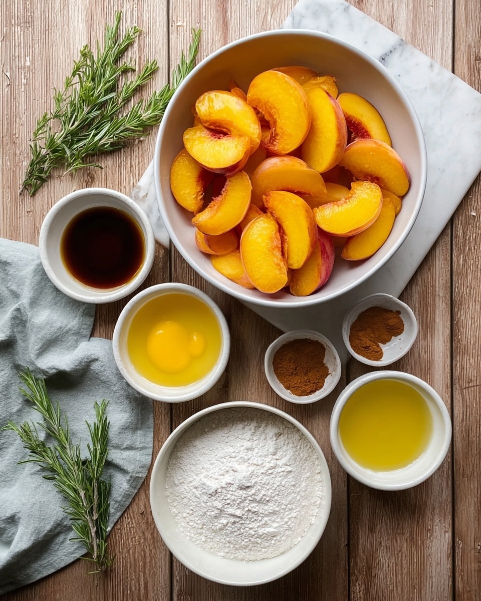 A white bowl filled with many peach slices, showing their soft yellow and orange colors with red edges, sits on a wooden table with a white marbled texture. Below it, there is a white bowl with layers of white flour and sugar mixed evenly. Around these bowls, there are four small white bowls with different colored liquids: two have melted yellow butter, one has a dark brown liquid, and one has a light yellow beaten egg. On the left side, there is a light gray cloth with two fresh green rosemary sprigs and a small pile of brown cinnamon powder near the peach bowl photo taken with an iphone --ar 4:5 --v 7