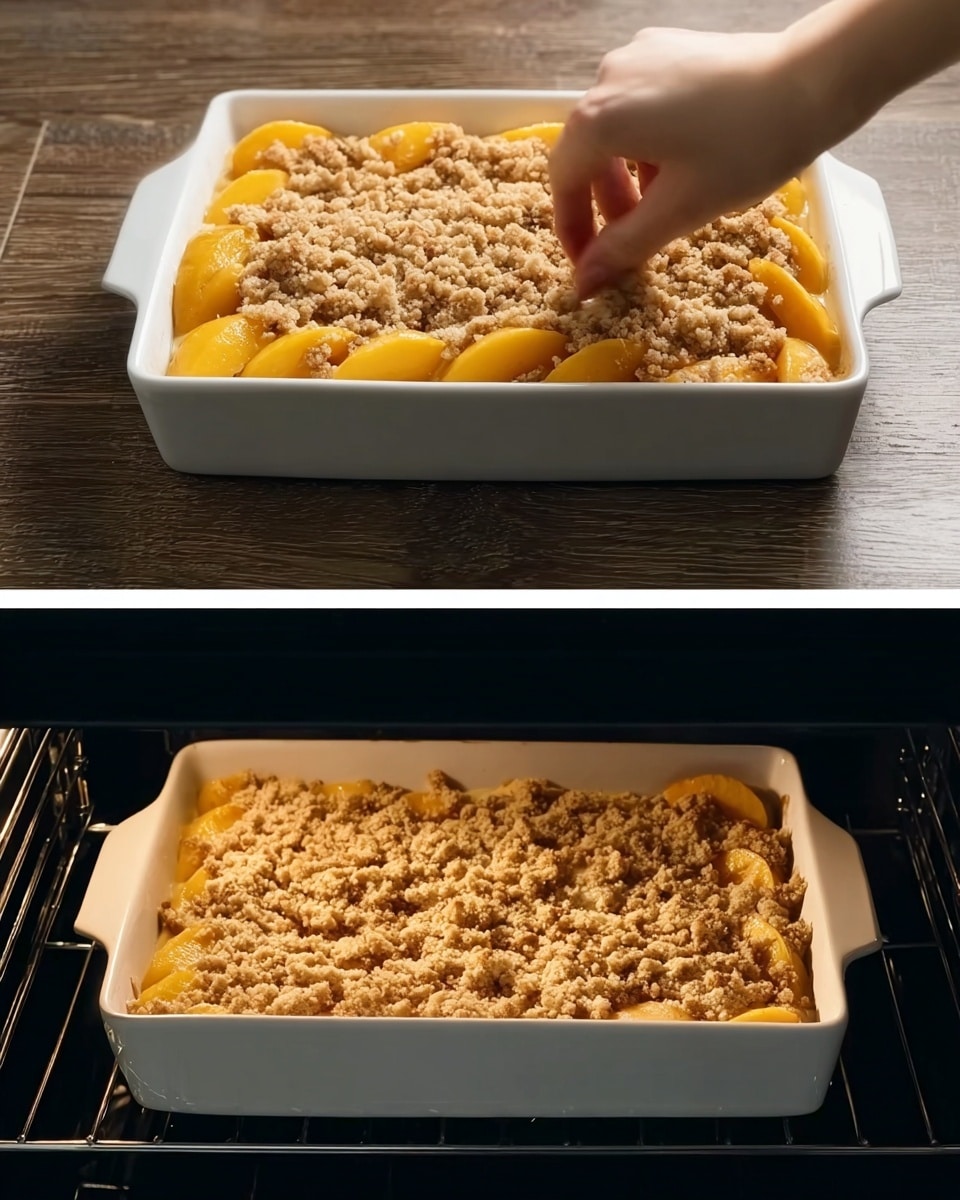 The image on the left shows a white rectangular baking dish filled with a layered dessert. The bottom layer is a smooth yellow cake. On top of the cake is a layer of sliced peaches, arranged closely together. Over the peaches is a crumbly topping that is tan and looks dry and rough. A woman's hand is placing or adjusting the crumbly topping. The dish is on a wooden surface that is not visible in the second image. The second image displays the same white rectangular baking dish inside an oven, with the crumbly topping now baked to a golden brown. The dessert has risen slightly and the peach slices are visible beneath the browned crumb topping. The oven interior is black, and the white dish stands out clearly. Photo taken with an iphone --ar 4:5 --v 7