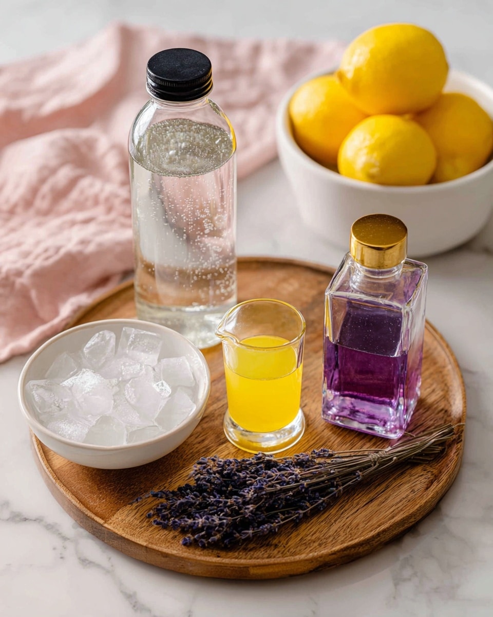 The image shows a wooden round board on a white marbled surface holding four main items: a tall clear glass bottle filled halfway with clear sparkling water and a black cap on the left, a white bowl filled with ice cubes placed in front of it, a small glass carafe with bright yellow lemon juice in the center, and a square clear bottle with purple lavender simple syrup and a golden cap on the right. In front of the bottles on the board lies a small bunch of dried lavender flowers, their deep purple color contrasting with the lighter background. In the back right, there is a white container filled with bright yellow lemons, and a soft pink cloth is faintly visible behind the bottle of sparkling water. The photo taken with an iphone --ar 4:5 --v 7