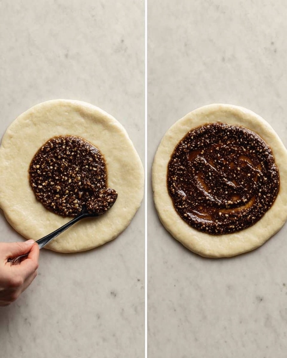 The image shows two side-by-side views of a round, pale dough disk with a smooth and soft texture resting on a white marbled surface. In the left view, a dark brown, chunky paste with visible small nuts or seeds is being spread in a round shape on the dough using a black spoon held by a woman's hand. In the right view, the paste is fully spread in a thick, even layer across the center of the dough, leaving the outer edge clean and dough visible. Photo taken with an iphone --ar 4:5 --v 7