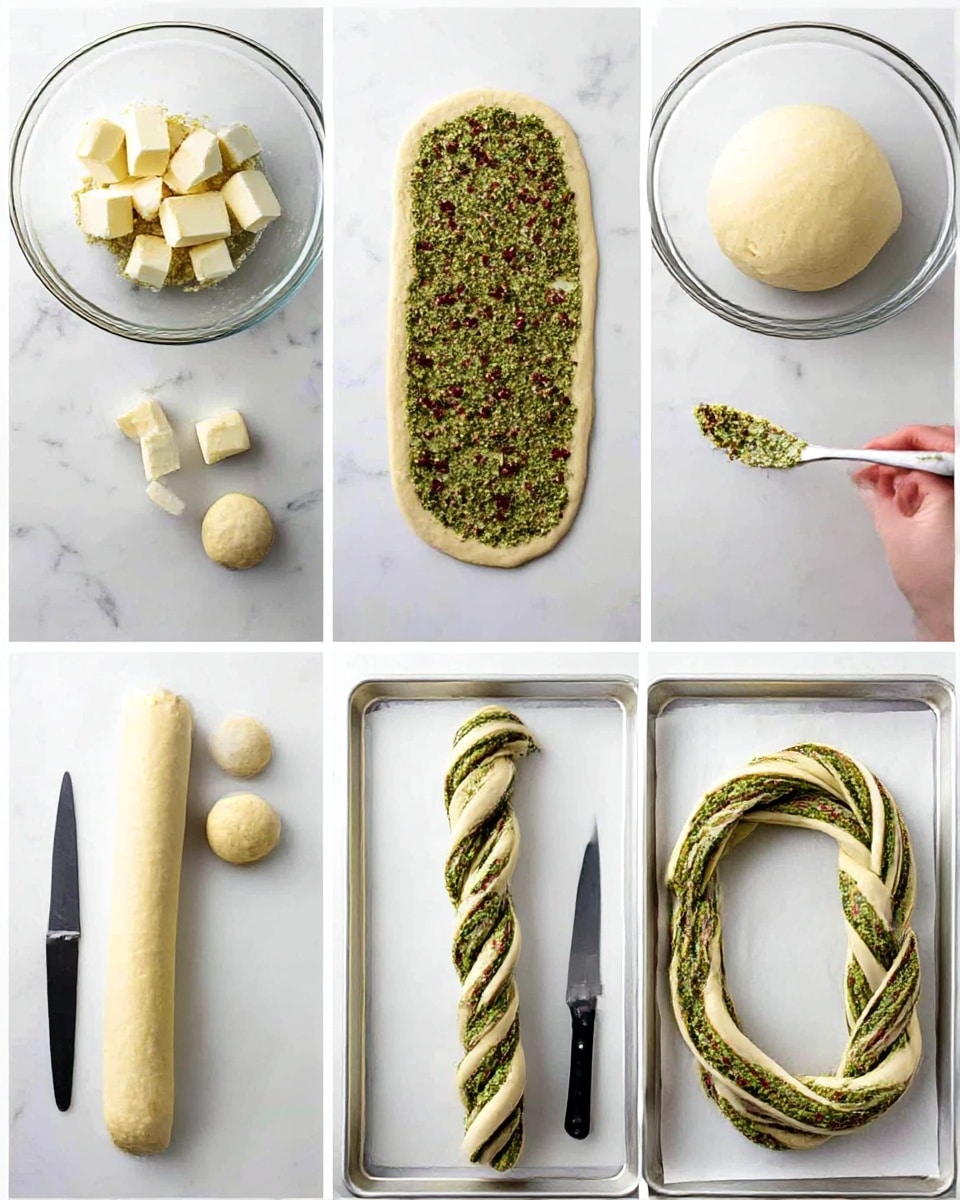 A set of six images shows steps to make a rolled pastry with green filling and red bits on a white marbled surface. In the first image, a glass bowl contains dough with small cubes of white butter nearby. The second image shows a smooth, round ball of dough in a glass bowl. The third image displays a flat, rectangular dough sheet spread with a green paste sprinkled with red bits, and a woman's hand holding a spoon spreading the topping. The fourth image has a long rolled dough cylinder next to two small round dough pieces and a black knife. The fifth image shows the rolled dough sliced lengthwise and twisted into a double strand with the green and red filling inside. The sixth image reveals the twisted dough formed into a ring shape on a baking tray lined with white paper, ready to bake. Photo taken with an iphone --ar 4:5 --v 7