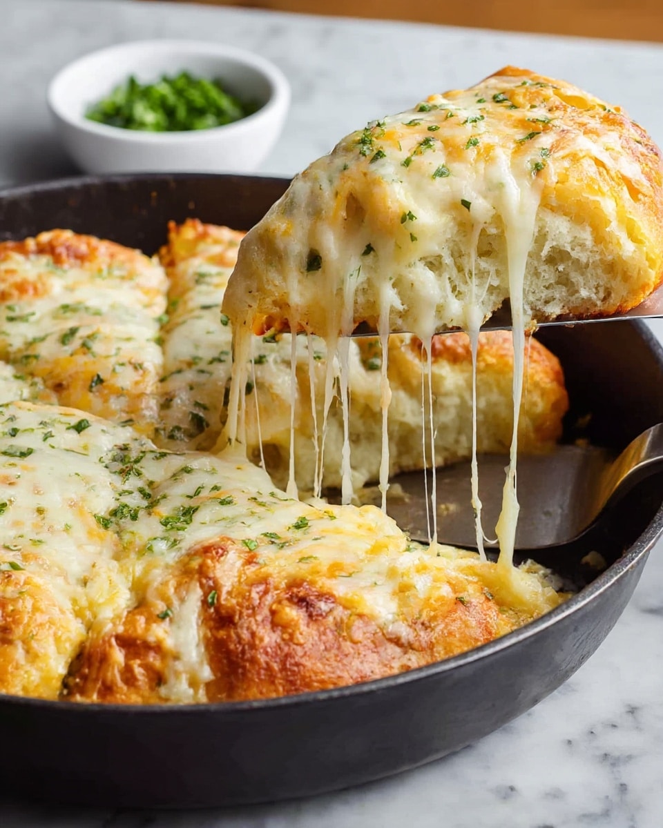 The image shows a round, thick pizza with a golden-brown crust in a black pan placed on a white marbled surface. The pizza is cut into slices, and one slice is lifted up with a metal spatula, revealing a fluffy, light-colored dough base that looks soft inside. On top of the base is a generous layer of melted cheese in shades of white and yellow-orange, stretching in long, thin strings from the pan to the slice being lifted. The cheese has a slightly crispy appearance on top with bits of green herbs scattered over it, adding a fresh touch. In the background, there is a small white bowl filled with chopped green herbs. photo taken with an iphone --ar 4:5 --v 7