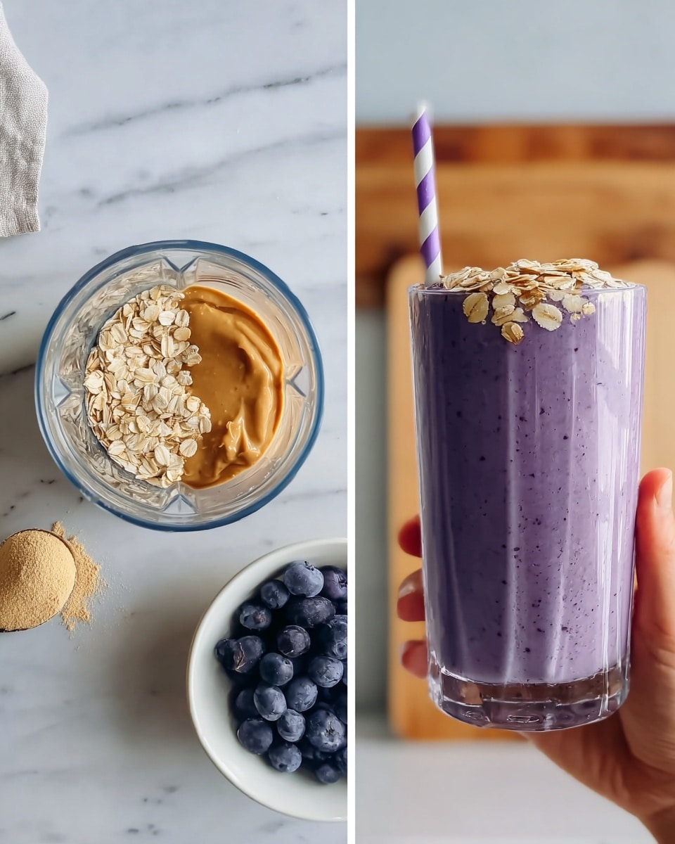 The first image shows a blender jar on a white marbled surface filled with three layers of ingredients: light beige rolled oats on the left side, a dollop of smooth brown peanut butter on the right, and a scoop of off-white powder at the front center. The second image shows a woman's hand holding a clear glass filled with a thick, purple smoothie topped with a few rolled oats. A pink and white striped straw is placed in the glass. The background has a white marbled surface, part of a wooden board, and a small white bowl with blueberries. Photo taken with an iphone --ar 4:5 --v 7