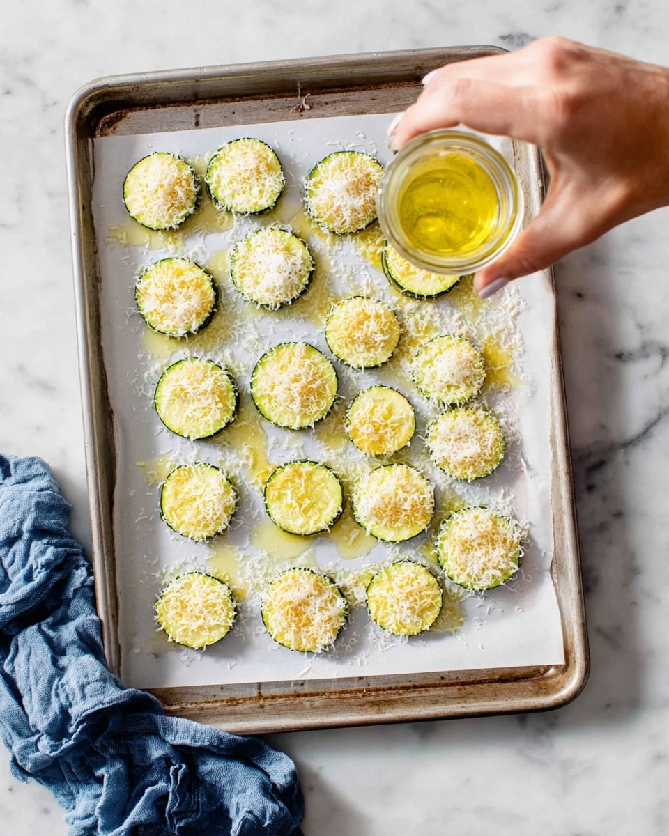 A metal baking tray lined with white parchment paper holds 21 round zucchini slices arranged in rows. Each zucchini slice is coated with a layer of light yellow olive oil and sprinkled with a layer of finely grated white parmesan cheese, creating a textured and slightly fluffy look. A woman's hand is seen pouring more olive oil from a small clear glass jar onto one of the zucchini slices. The tray is placed on a white marbled surface with a crumpled blue cloth nearby. The lighting is bright and natural, highlighting the fresh ingredients. photo taken with an iphone --ar 4:5 --v 7