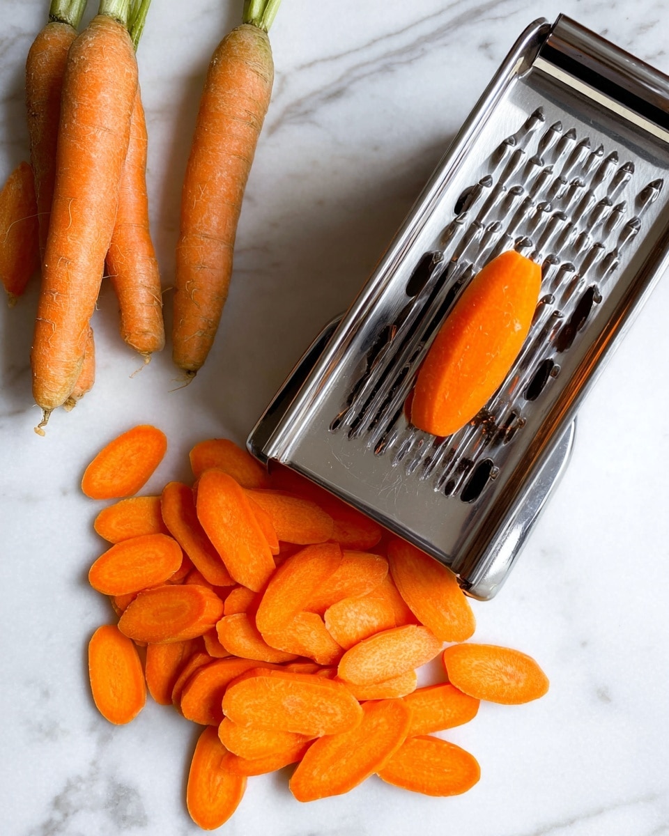 The image shows a stainless steel slicer with a bright orange carrot placed in its middle part, ready to be sliced. Below the slicer, there is a pile of thin, oval-shaped carrot slices, each smooth and glossy, with a vibrant orange color and a slightly wet texture. To the left, three whole carrots with greenish tops lie on a white marbled surface, their rough texture visible. The whole setup rests on a white marbled background that enhances the bright orange of the carrots and the metallic shine of the slicer. photo taken with an iphone --ar 4:5 --v 7