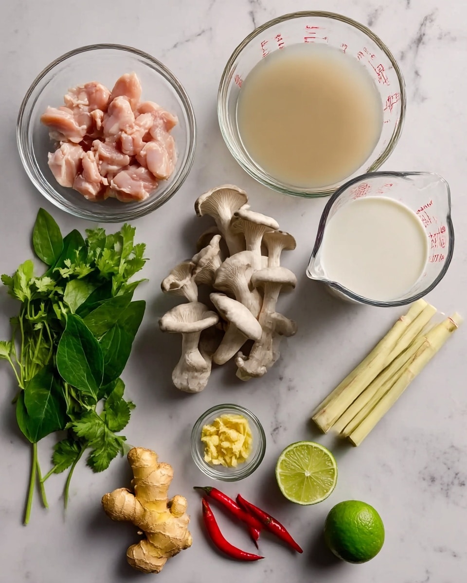 The image shows several fresh ingredients neatly arranged on a white marbled surface. At the bottom left, there is a clear glass bowl filled with small pieces of pink chicken. Above it, a wider glass bowl contains a light brown broth. To the right of these, oyster mushrooms with smooth, light gray caps form a cluster. Nearby, two pale yellow stalks of lemongrass lie parallel to each other. A piece of bright yellow ginger and two dark red chili peppers sit close by. A small glass bowl holds minced light yellow garlic. Fresh green leaves, some broad and some like sprigs of coriander, are spread out in the top left area. A wedge of bright green lime and a whole lime are positioned near the bottom right. Finally, a clear measuring cup filled with white coconut milk stands at the top. The scene is clean and organized, with soft, natural lighting photo taken with an iphone --ar 4:5 --v 7