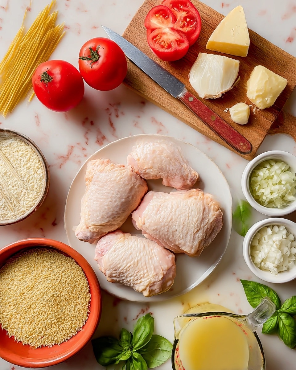 The image shows fresh cooking ingredients laid out on a white marbled surface. In the center is a white plate holding four raw chicken thighs with pale pinkish skin. Above it, a wooden cutting board holds two whole red tomatoes and one tomato sliced in half, next to small chunks of pale yellow cheese. A knife with a wooden handle lies across the cutting board. To the right of the cutting board are small white bowls with chopped white onions, minced garlic, and a block of butter. To the left, a round terracotta bowl filled with long, thin uncooked pasta is visible. Near the bottom, a white bowl holds a creamy liquid, and next to it is a clear measuring cup filled with golden broth. Fresh green basil leaves are scattered around, adding a touch of color among the ingredients. Photo taken with an iphone --ar 4:5 --v 7