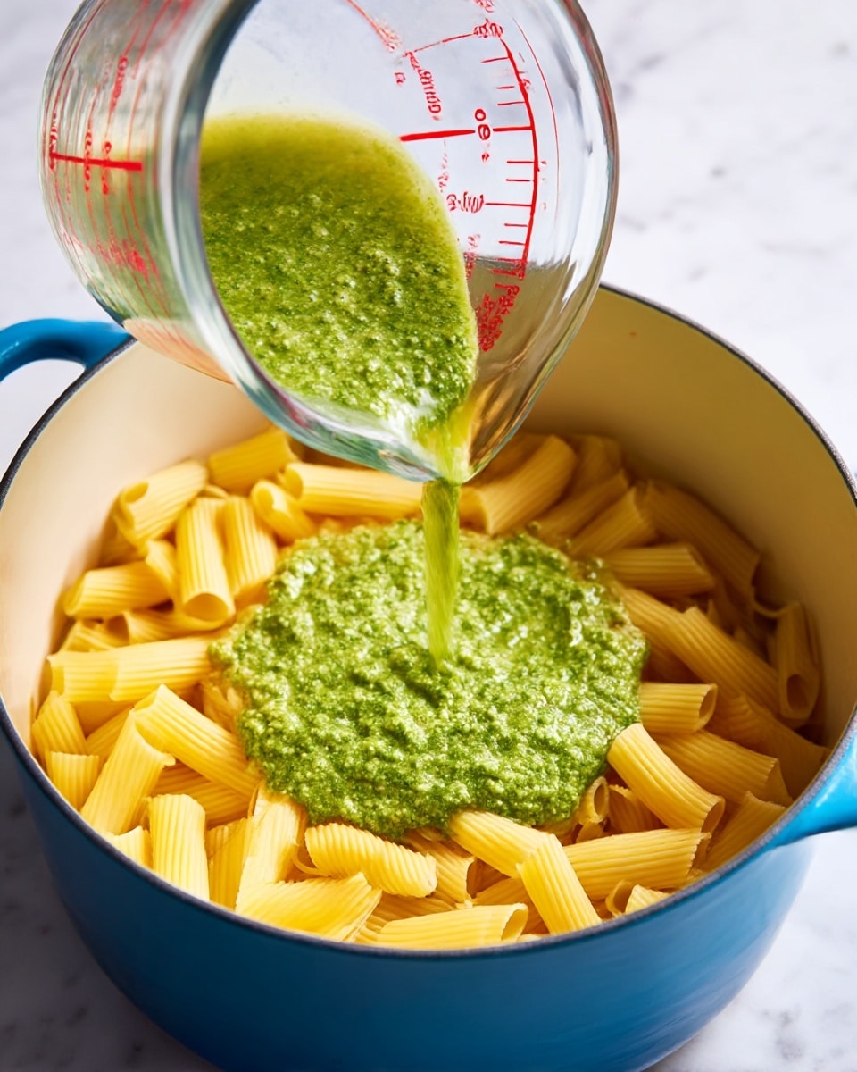 A round blue pot filled with raw, yellow ridged pasta arranged evenly at the bottom. On top of the pasta is a thick bright green sauce, likely pesto, spread over the center. Clear liquid from a transparent measuring cup with red numbers is being poured over the sauce and pasta. The pot sits on a white marbled surface, creating a clean and fresh setting. photo taken with an iphone --ar 4:5 --v 7