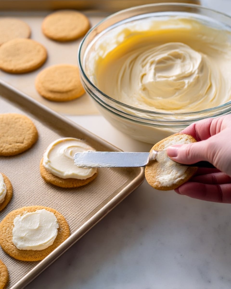A woman's hand holds a round cookie with a light brown color and spreads a layer of creamy white frosting on top using a butter knife held in the other woman's hand. Next to it, more cookies are on a baking sheet, some with the white frosting already spread on them, showing a smooth, thick texture. Behind the cookies is a large clear glass bowl filled with thick, off-white frosting with swirled textures, sitting on a white marbled surface. The whole scene is brightly lit and shows clear spreading action photo taken with an iphone --ar 4:5 --v 7