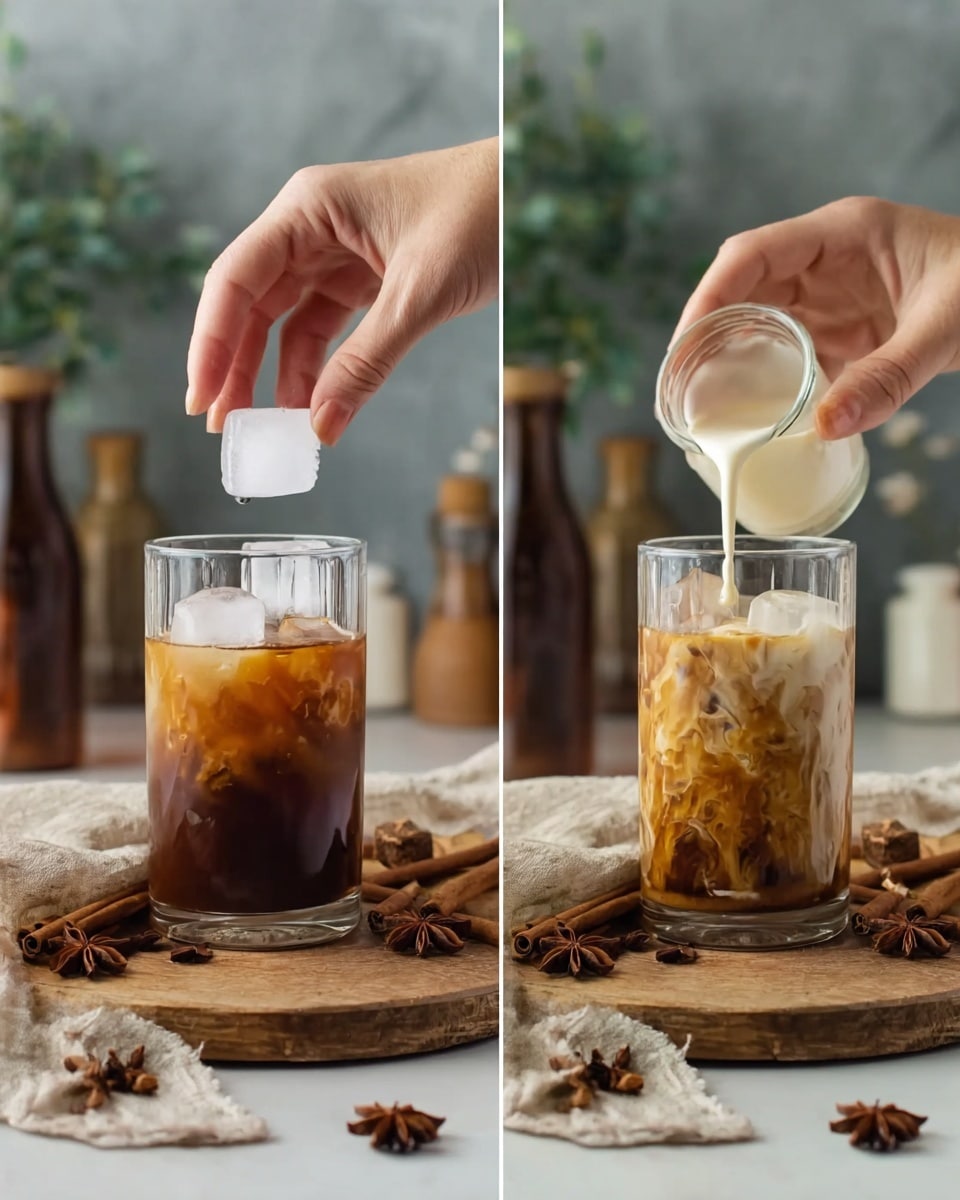 The image shows two views of a clear glass filled with iced coffee on a round wooden board. The glass has a dark brown iced coffee layer at the bottom, with ice cubes inside. In the left image, a woman's hand is dropping large ice cubes into the glass from above. In the right image, a woman's hand is pouring a light creamy liquid from a small clear cup into the glass, creating a swirling mix of cream and coffee. Around the wooden board are a beige cloth, star anise, cinnamon sticks, and a white marbled surface in the background, with blurred bottles and a green plant. photo taken with an iphone --ar 4:5 --v 7