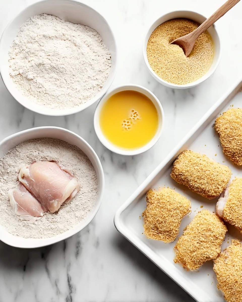The image shows a preparation setup for breading chicken thighs. There are three white bowls on a white marbled surface: the first bowl contains flour with a piece of raw chicken thigh dipped halfway, the second bowl has beaten eggs, and the third bowl holds seasoned breadcrumbs with a wooden spoon inside. On the right side, a white baking tray has five chicken thighs coated in breadcrumbs, arranged in two rows. The textures show the wet flour, smooth beaten eggs with bubbles, and coarse breadcrumbs. photo taken with an iphone --ar 4:5 --v 7