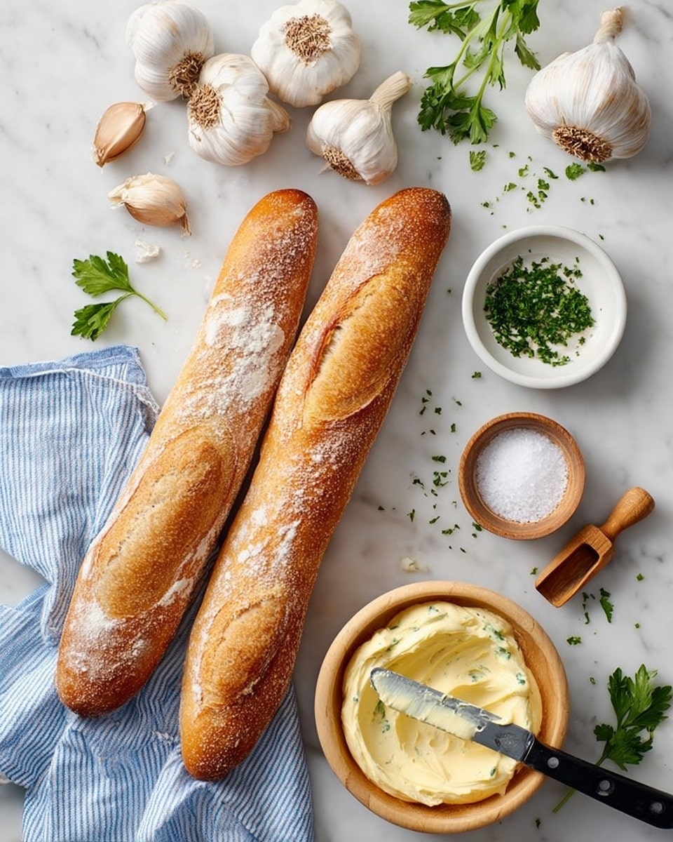 Two long, golden brown baguettes with a dusting of flour rest on a white marbled surface next to a blue and white striped cloth. Above them are five whole garlic bulbs, some with roots showing. To the right, a small white bowl holds chopped green herbs. Below that is a white bowl containing coarse salt with a small wooden scoop inside. Next to it, a light wooden bowl full of creamy, pale yellow herb butter has a black-handled knife spreading butter on its edge. Scattered around the bowls and baguettes are fresh green parsley leaves. Photo taken with an iphone --ar 4:5 --v 7
